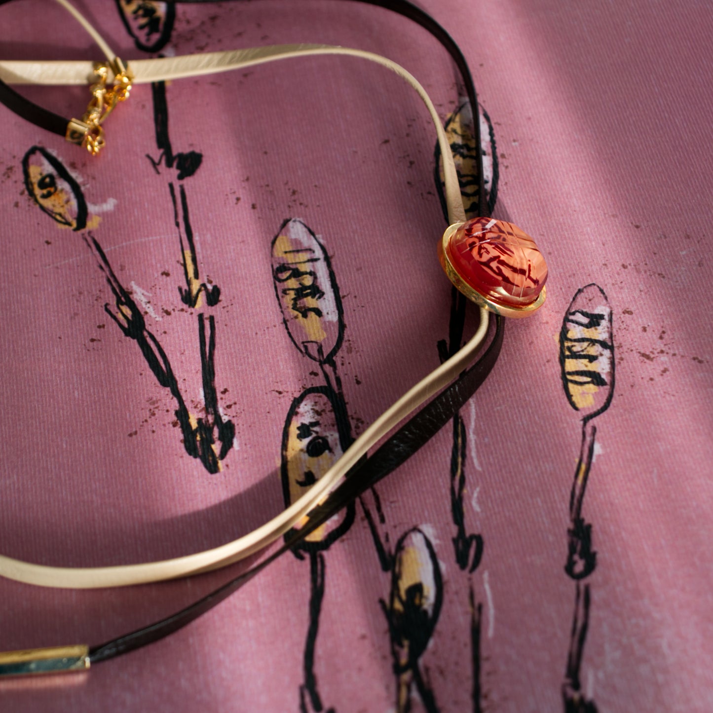 Leather Bolo Tie Beige Coral Gold