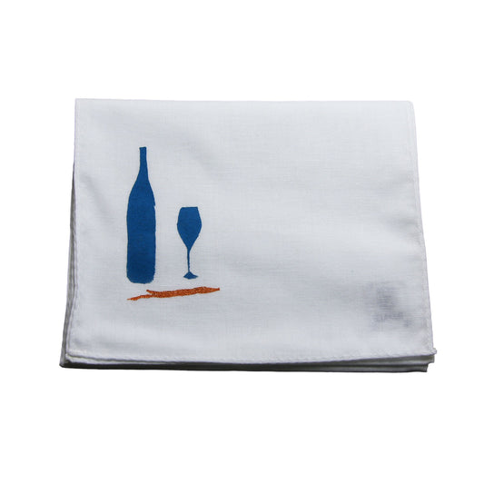Wine Bottle Glass Handkerchief Hand Print White