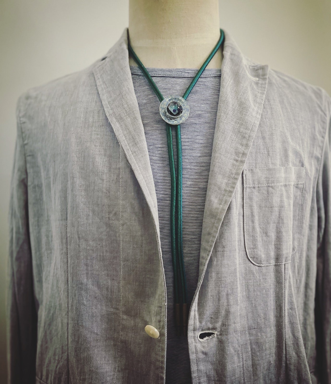 Silk Braid Bolo Tie Fawn Light Blue Green TAMARUSAN