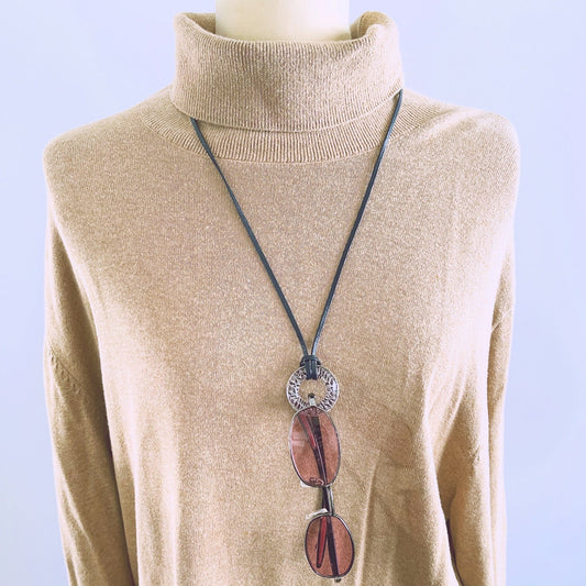 Leather Cord Glasses Holder Navy Silver Herringbone TAMARUSAN