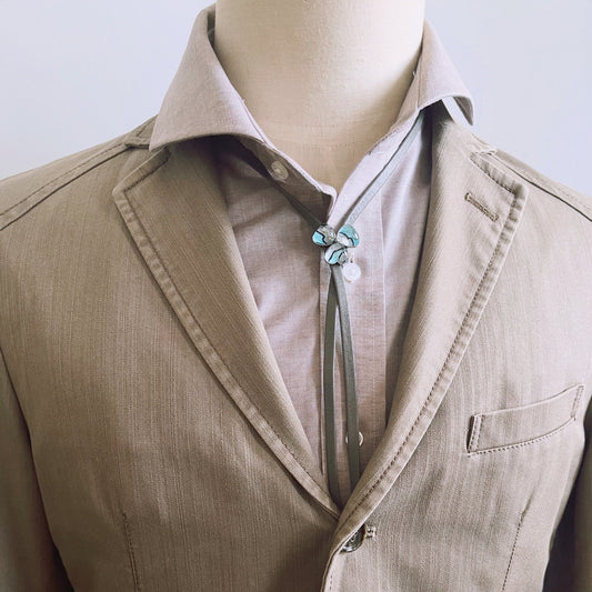 Leather Strap Bolo Tie Flower Gray Light Blue TAMARUSAN