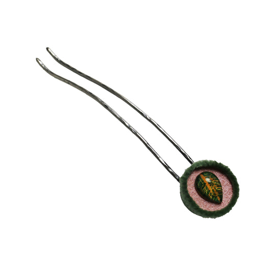 Double Prong Hair Stick Wool Green Pink TAMARUSAN