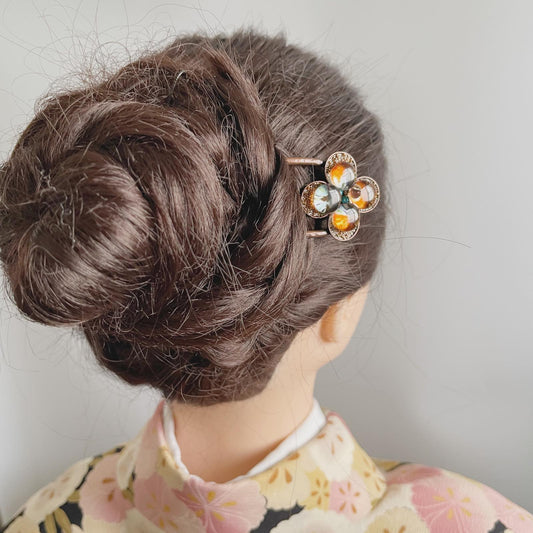 Double Prong Hair Stick Orange Pansy Flower TAMARUSAN