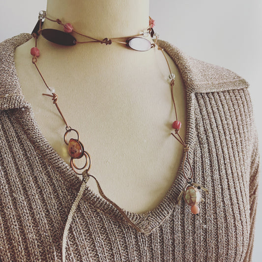 Necklace Leather Pink Flower TAMARUSAN