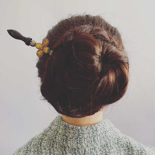 Hair Stick Wood Flower Orange Blue TAMARUSAN