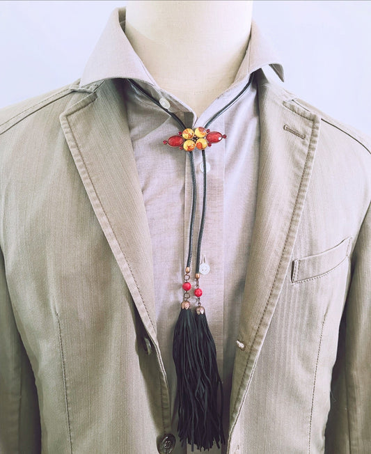 Leather Cord Bolo Tie Red Fringe Black TAMARUSAN