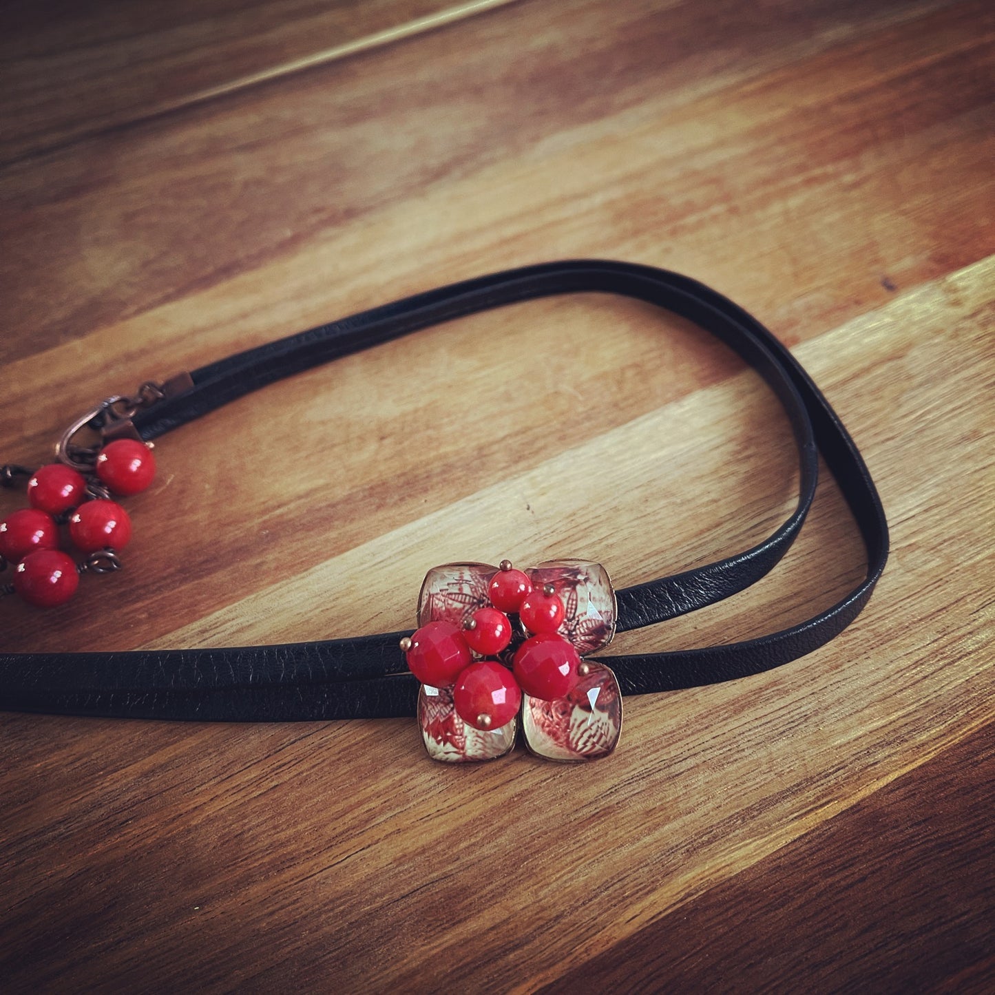 Leather Straps Bolo Tie Red Lily Coral Flower TAMARUSAN
