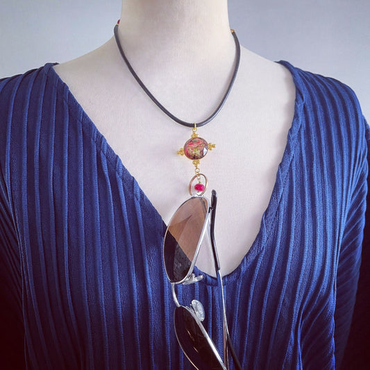 Eyeglasses Holder Straps Red Glass Beads Leather TAMARUSAN