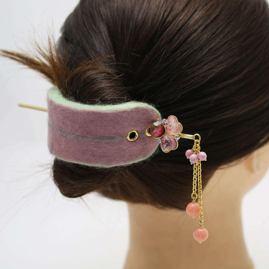 Hairpin Barrette Pink Felt Gold Violet TAMARUSAN
