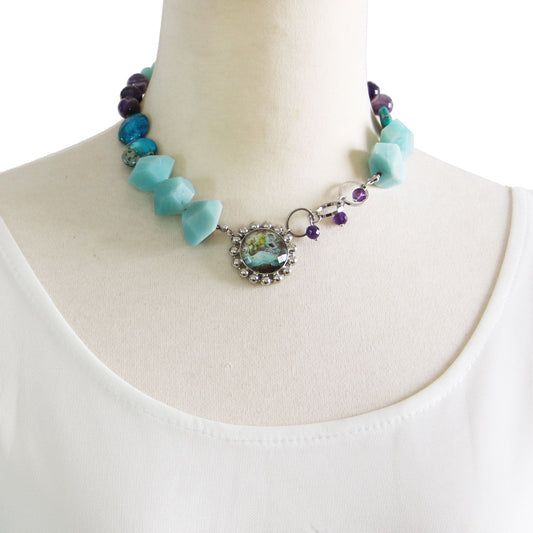 Natural Stone Choker Amazonite Blue Amethyst Impression Stone TAMARUSAN