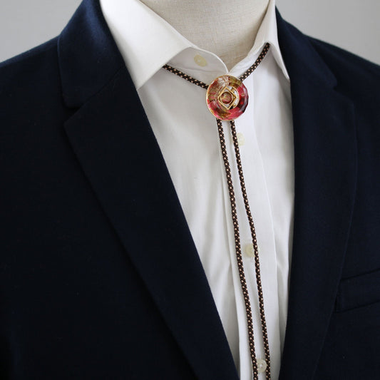 Silk Braid Bolo Tie Red Donut-Shaped Gold TAMARUSAN