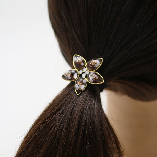 Chocolat Brown Flower Hair Elastic Resin Gold TAMARUSAN