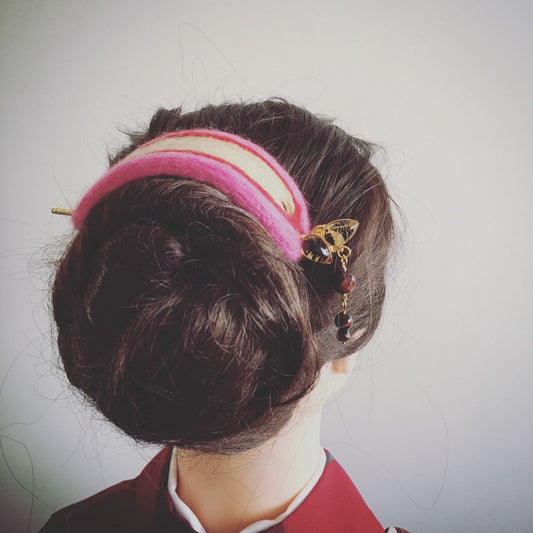 Hairpin Barrette Wool Felt PInk Hair Stick TAMARUSAN