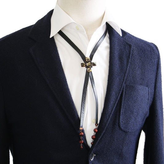 Leather Straps Bolo Tie Tiger Eye Cross TAMARUSAN