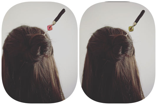 Hair Stick Cat & Owl Pink & Yellow Green Wood TAMARUSAN