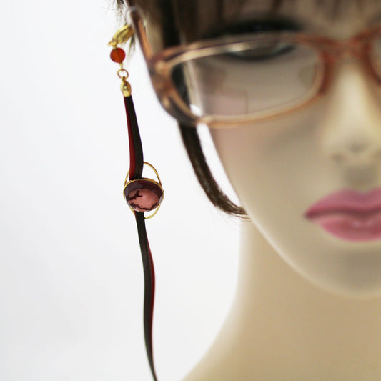 Eyeglass Chain Leather Red Moonstone Gold TAMARUSAN