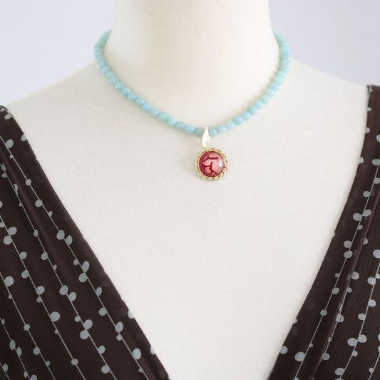 Choker Blue Amazonite Coral Gold TAMARUSAN