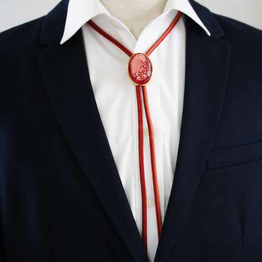 Silk Braid Bolo Tie Blood Red Coral Gold TAMARUSAN