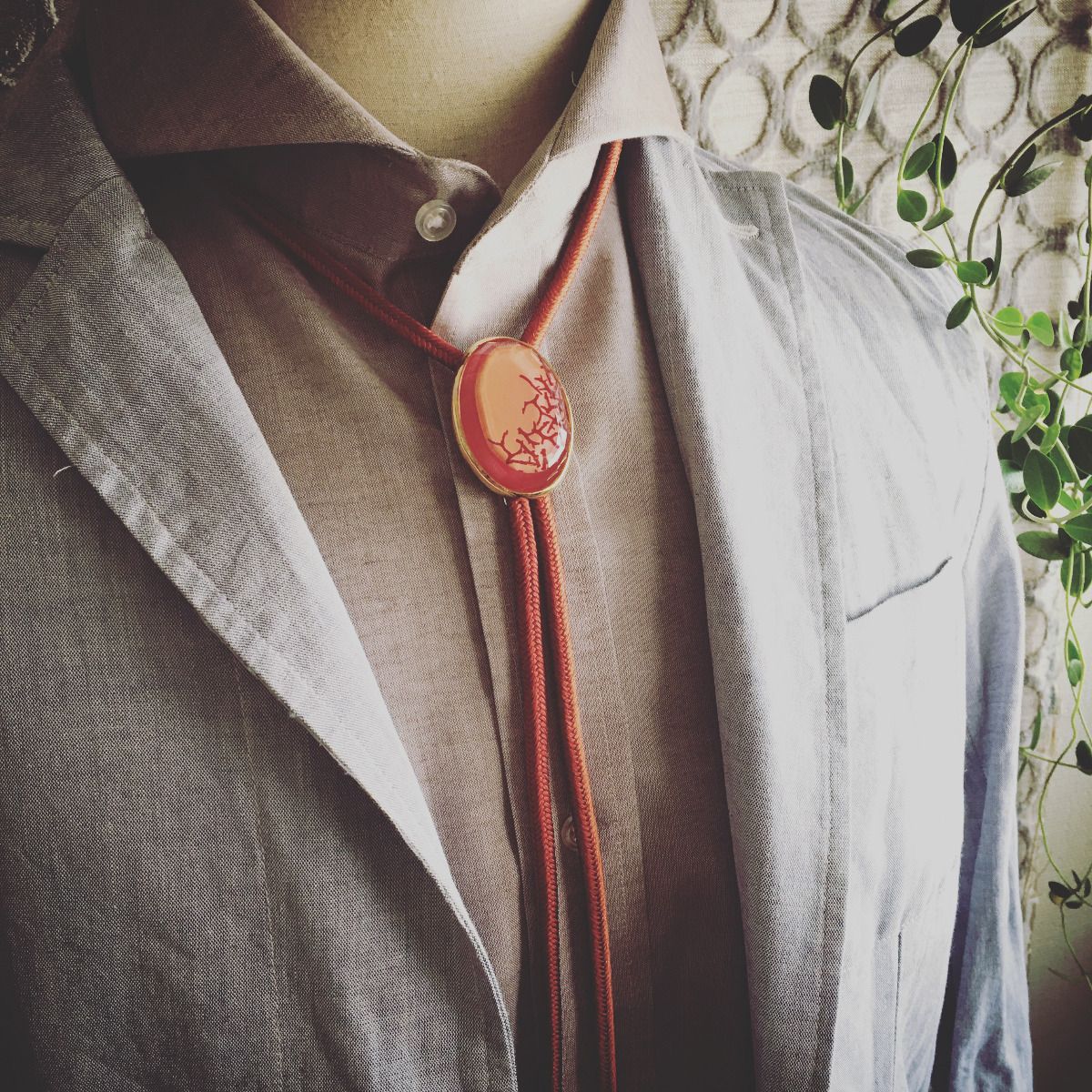Silk Braid Bolo Tie Blood Red Coral Gold TAMARUSAN