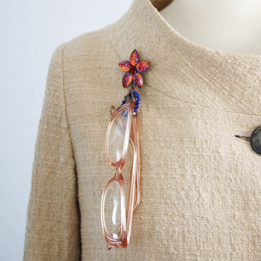 Eyeglass Holder Brooch Orange Flower Blue TAMARUSAN