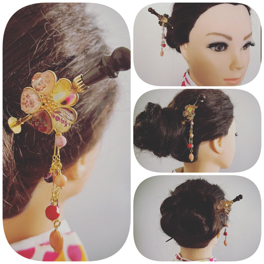 Changeable Ornament Hairpin Pink Flower Wood TAMARUSAN