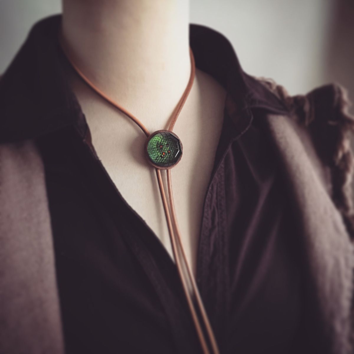 Leather Strap Bolo Tie Green Men's Accessory TAMARUSAN