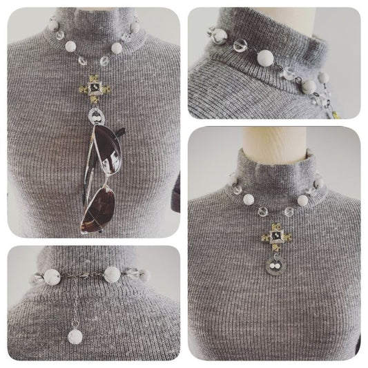 Necklace Long Crystal Howlite Dinosaur Navy Blue White TAMARUSAN