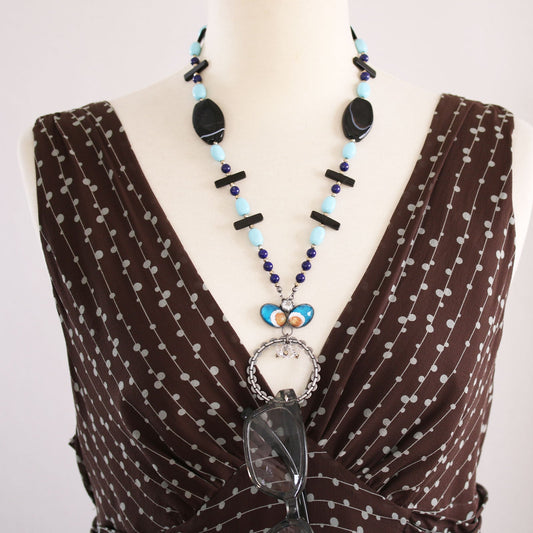 Eyeglass Holder Tibet Agate Onyx Hematite Blue TAMARUSAN