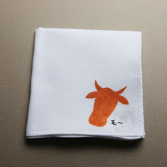 Cow Handkerchief Hand Print White TAMARUSAN