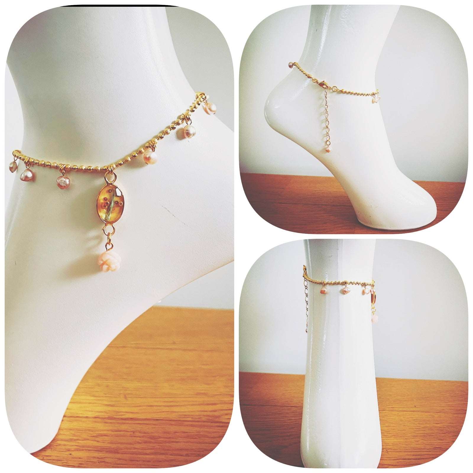 Anklet Freshwater Pearl Pink Common Opal Gold TAMARUSAN