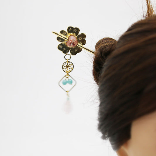 One Stick Hairpin Flower Gold Pink TAMARUSAN