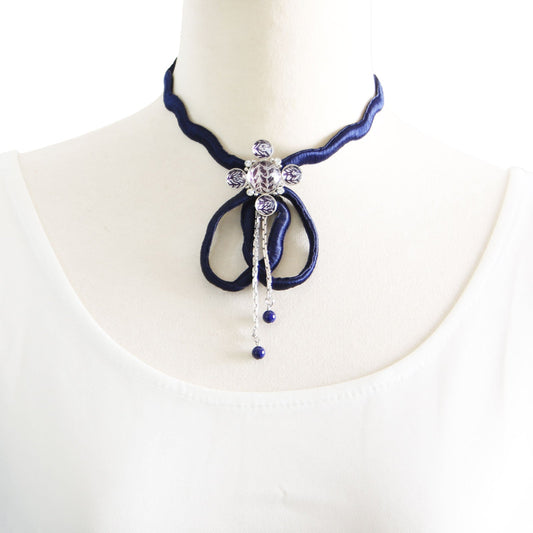 Ribbon Choker Dark Blue Silver TAMARUSAN