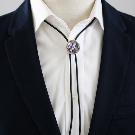 Leather Straps Bolo Tie Navy Blue Herringbone TAMARUSAN