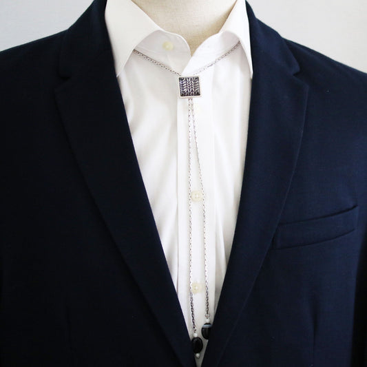 Chain Bolo Tie Herringbone Silver Navy Blue TAMARUSAN