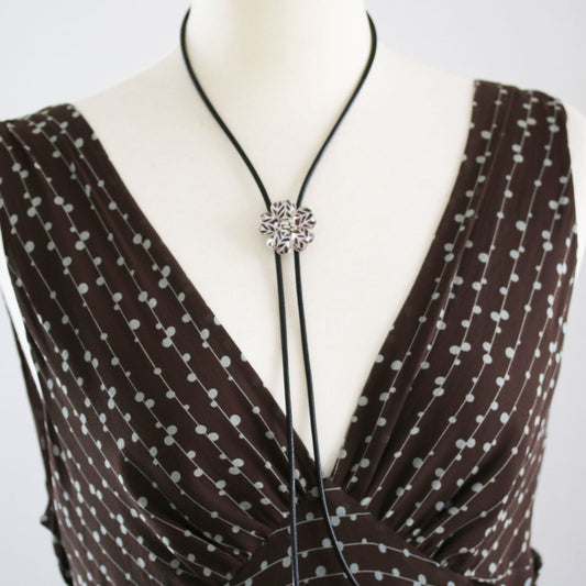 Leather Strap Bolo Tie Herringbone Flower TAMARUSAN