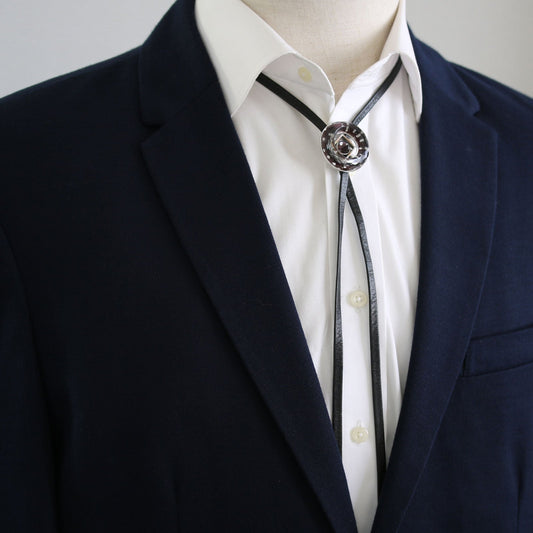 Leather Straps Bolo Tie Polka Dot Navy Blue TAMARUSAN