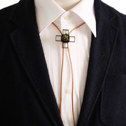 Leather Strap Bolo Tie Mesh Green Cross TAMARUSAN