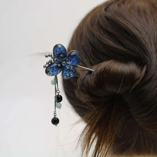 Hair Pin Stick Butterfly Blue Marble TAMARUSAN
