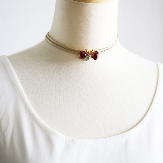 Leather Choker Butterfly Pink Rhodonite TAMARUSAN