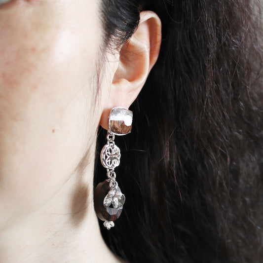 Stud Earrings Silver Color Lame Wood Beads TAMARUSAN