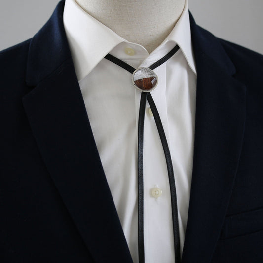 Leather Strap Bolo Tie Silver Lame Wood TAMARUSAN