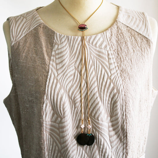 Chain Bolo Tie Wood Beads Turquoise Shell Pink TAMARUSAN