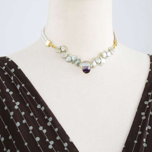 Choker Green Freshwater Pearl Ribbon TAMARUSAN