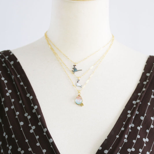 Triple Necklace Dinosaur Bird Gold Blue TAMARUSAN