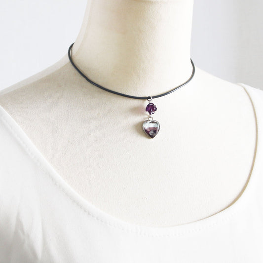 Leather Choker Purple Amethyst Heart TAMARUSAN