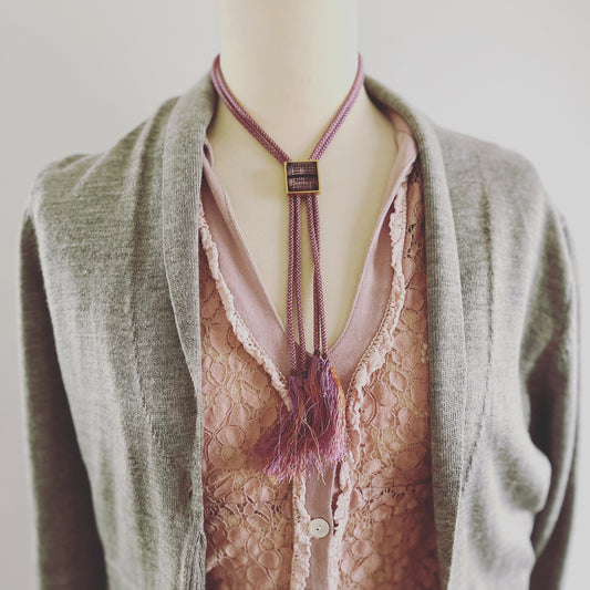 Bolo Tie Pink Silk Gold Square TAMARUSAN