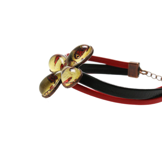 Leather Bracelet Coral Red Flower TAMARUSAN