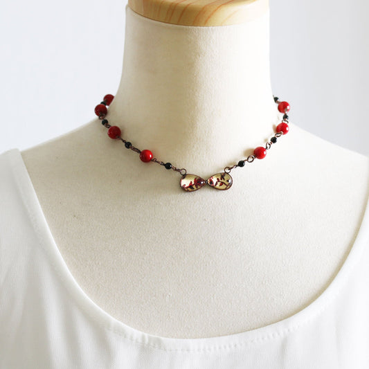 Choker Red Coral Onyx Flower TAMARUSAN