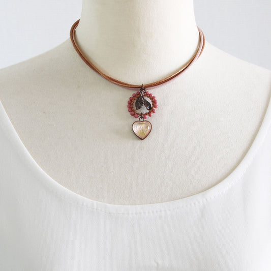 Leather Choker Pink Rhodonite Heart TAMARUSAN