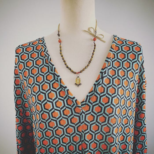 Necklace Coral (Dyed) Ribbon Agate Carnelian Green TAMARUSAN